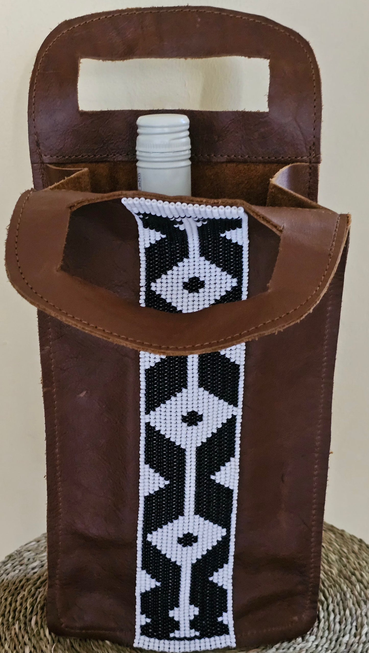 Beaded Leather Wine Bag Single