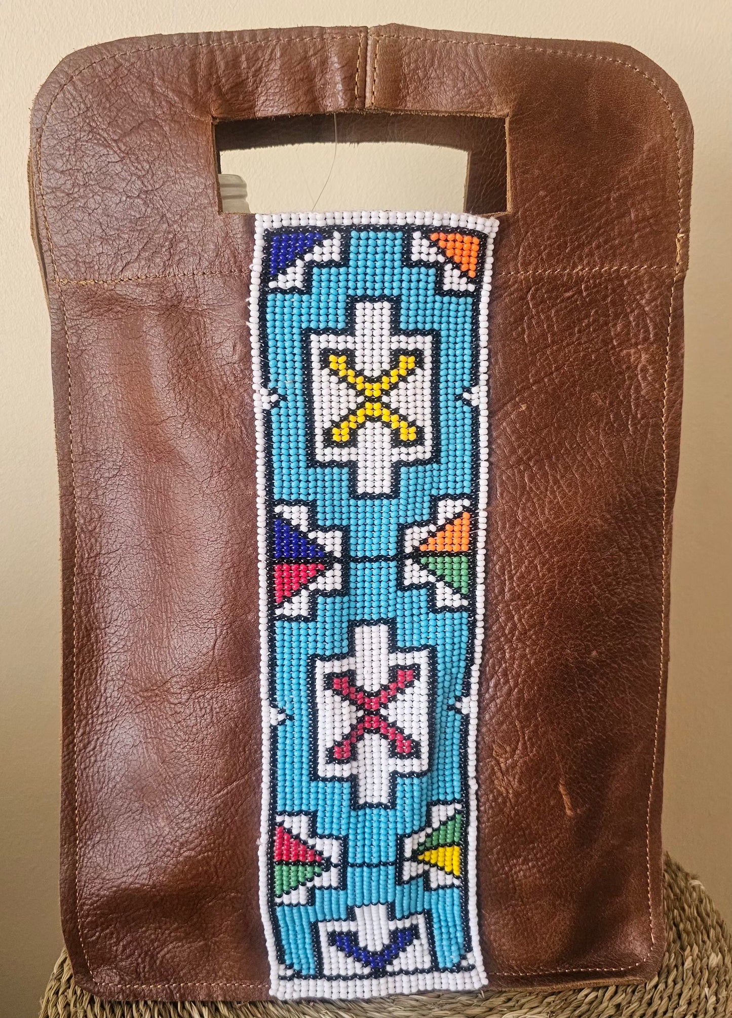 Beaded Leather Wine Bag Double