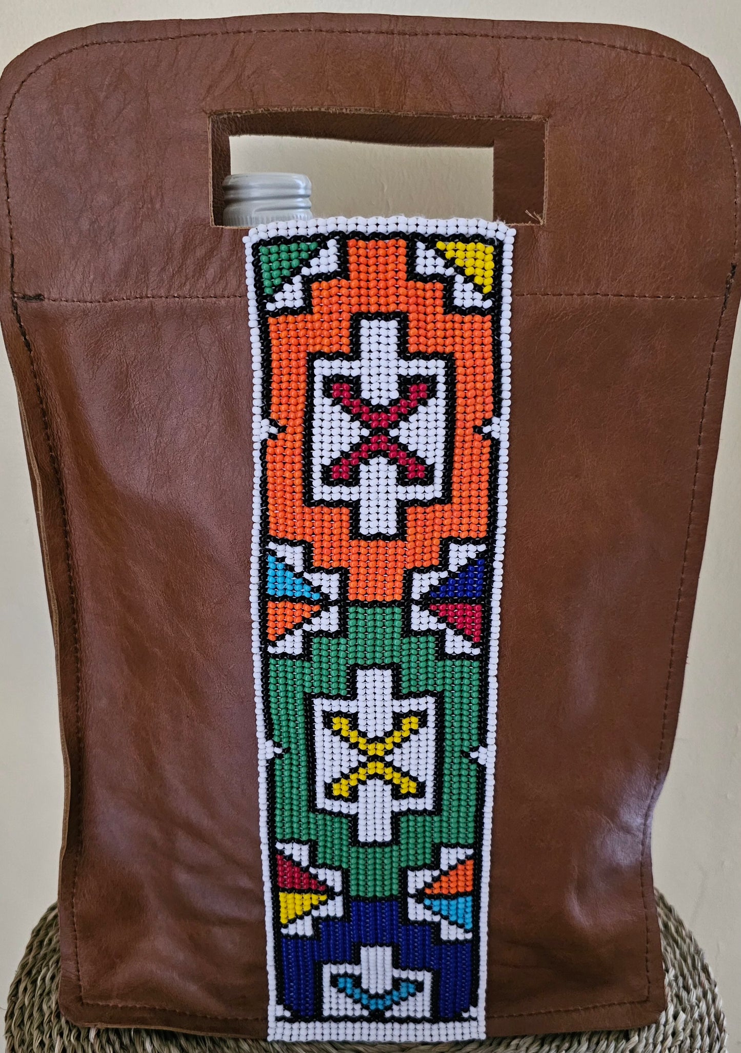 Beaded Leather Wine Bag Double