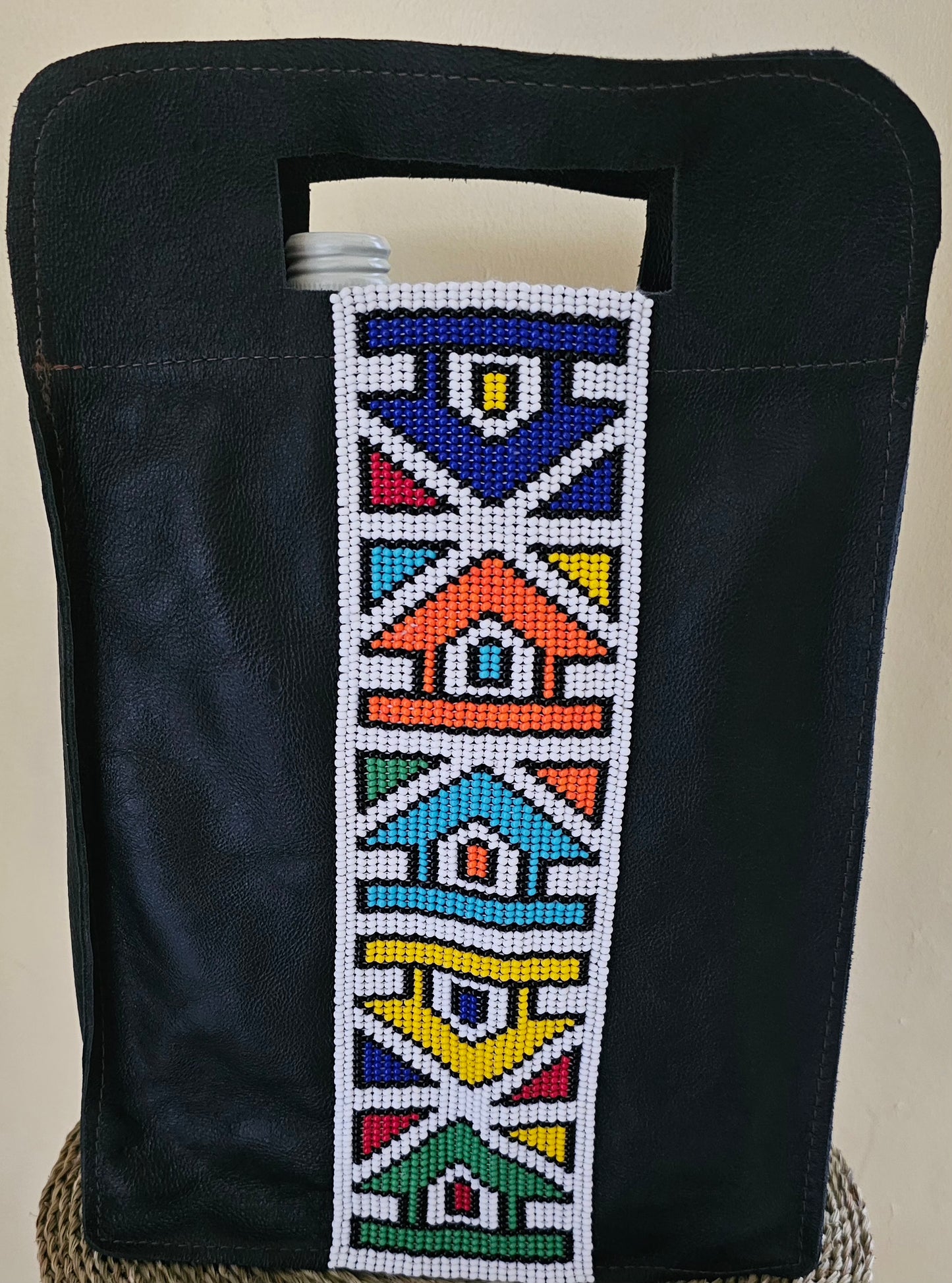 Beaded Leather Wine Bag Double