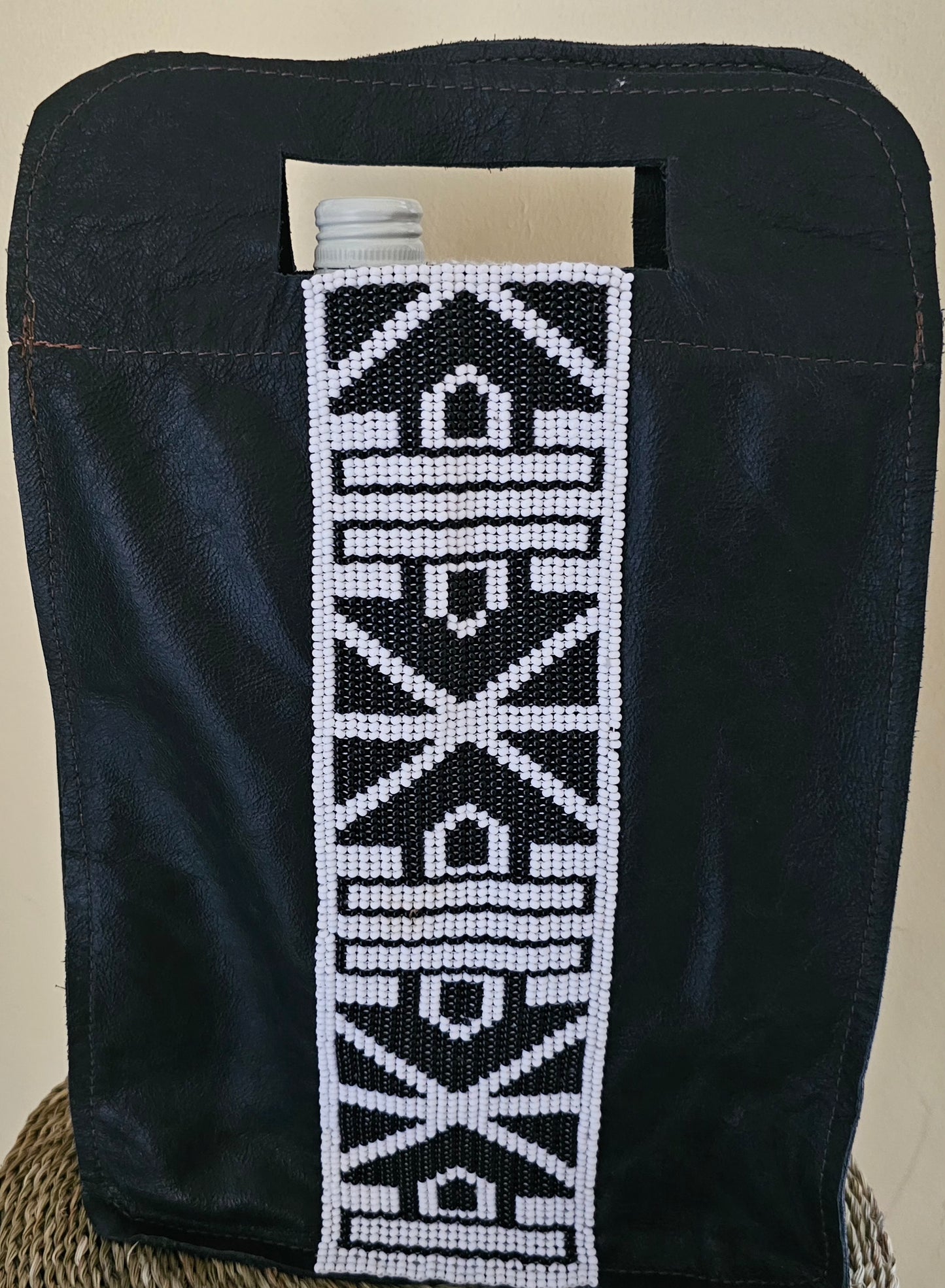 Beaded Leather Wine Bag Double