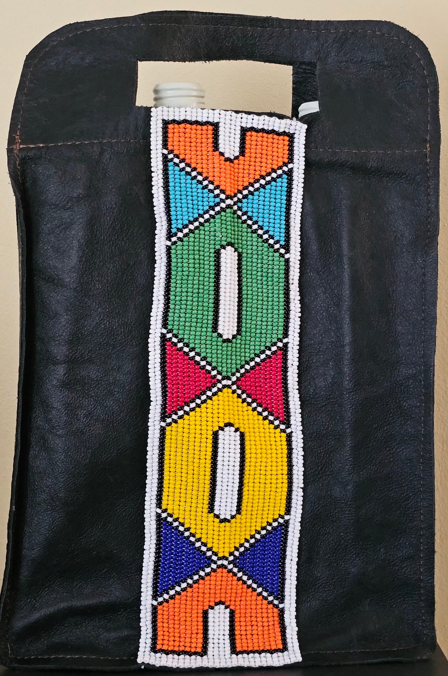 Beaded Leather Wine Bag Double